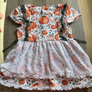 Girls Orange Pumpkin Print Ruffle Dress with Olive Trim